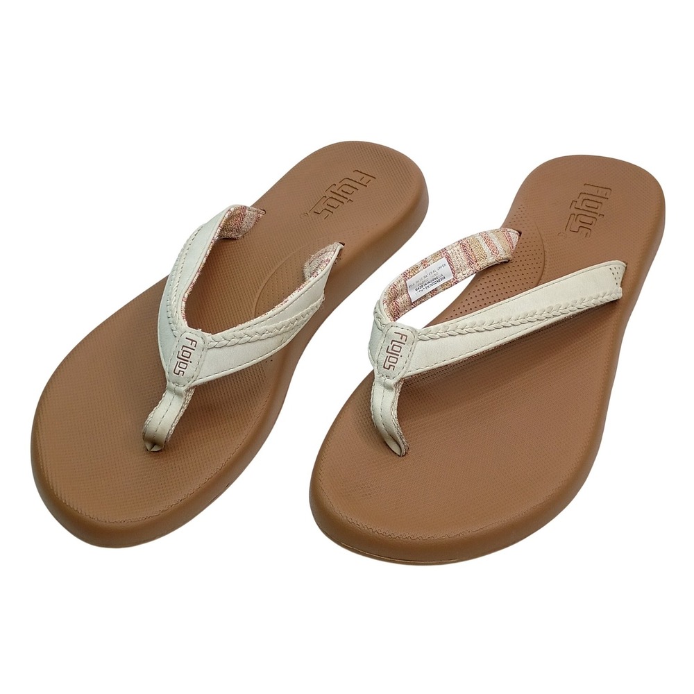 Flojos Fiesta Flip Flop Sandals Women Size 7 Tan Cream Woven Fabric Lining